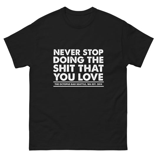white never stop classic tee