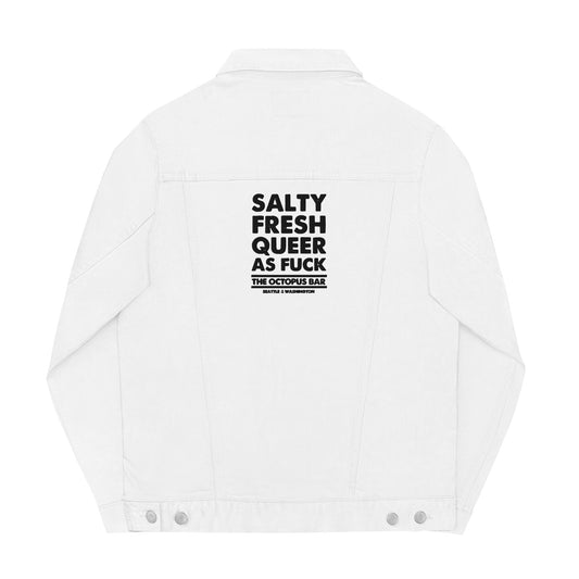 salty fresh queer as fuck embroidered white denim jacket