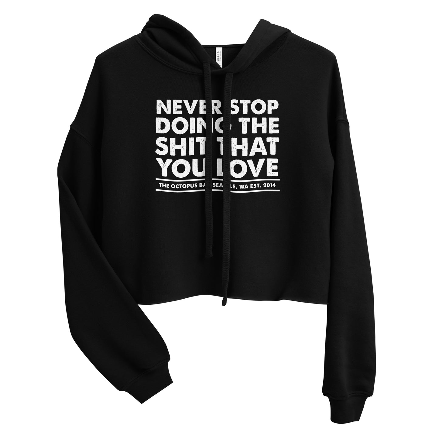 white never stop anniversary crop hoodie