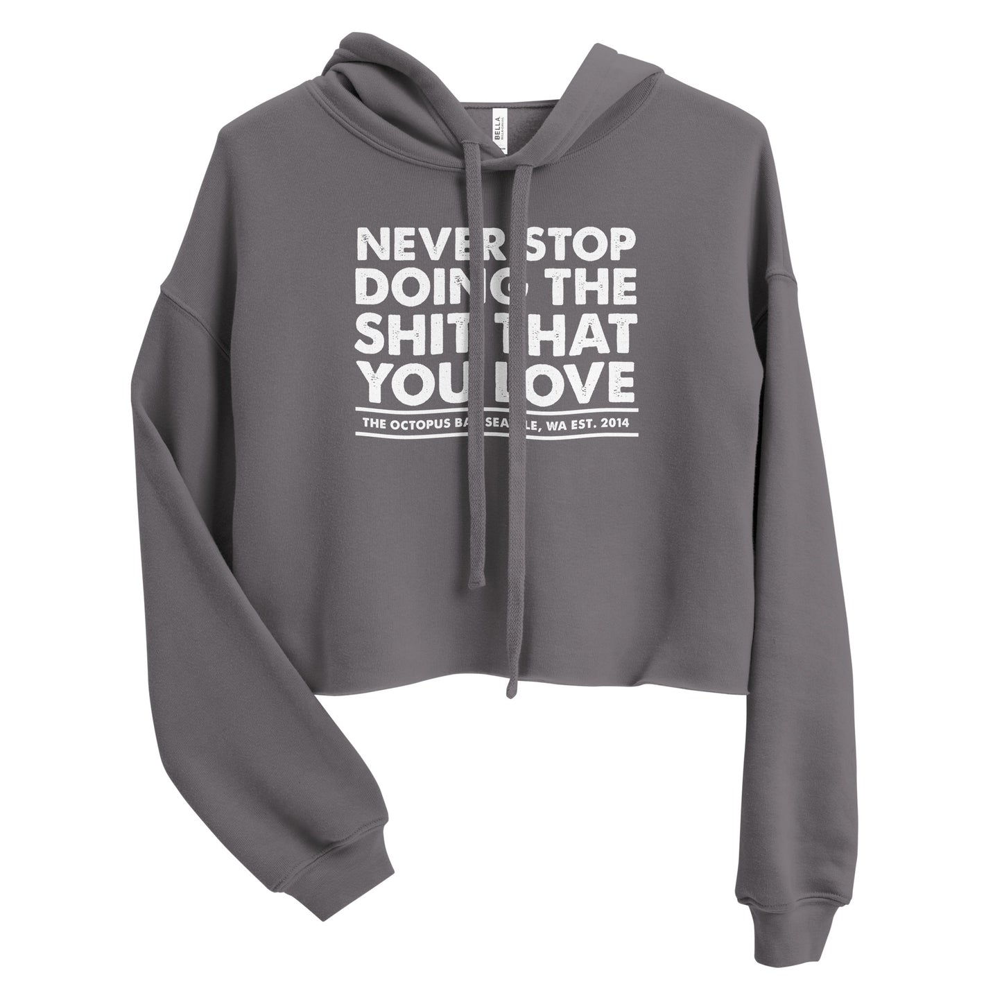 white never stop anniversary crop hoodie